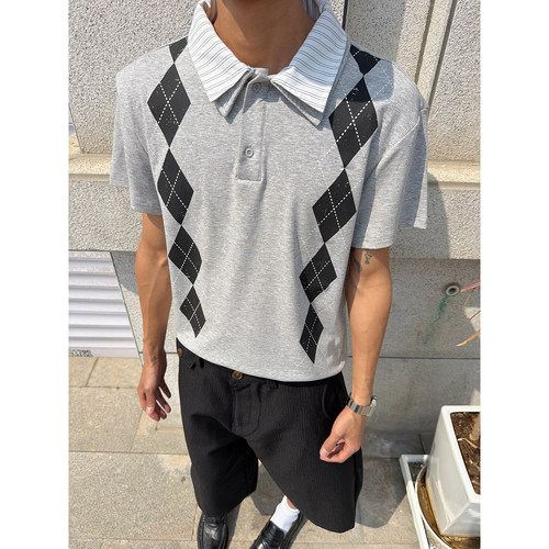 格雷系复古学院风菱格针织polo