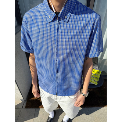高质感miu系蓝格纹纯棉短袖衬衫