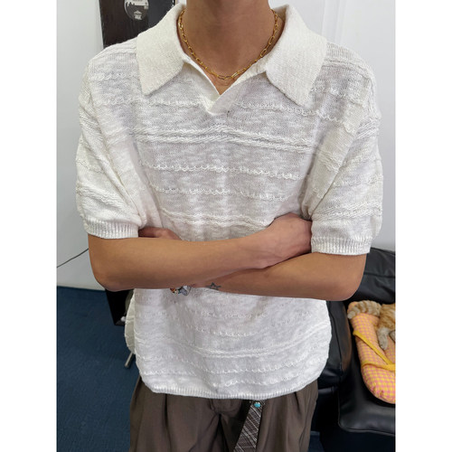 肌理老钱风复古V领针织polo衫