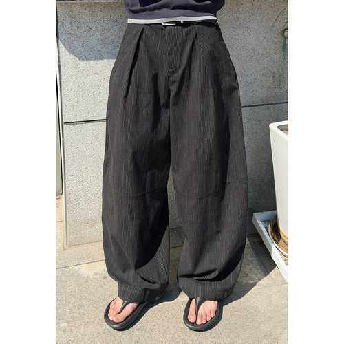 夏季轻薄复古阔腿条纹休闲裤男