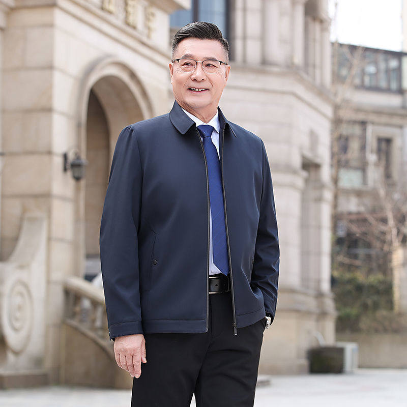 中年男士春秋宽松上衣春季爸爸薄款翻领夹克衫中老年男装休闲外套