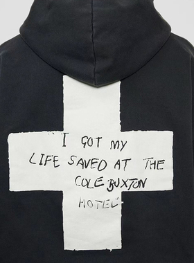 COLE BUXTON草写字母十字架印花水洗做旧宽松休闲套头卫衣帽衫潮