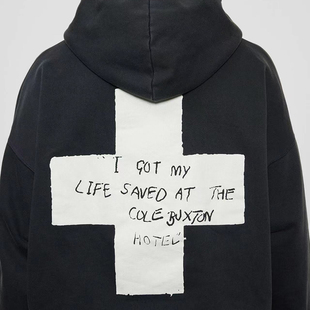 COLE BUXTON草写字母十字架印花水洗做旧宽松休闲套头卫衣帽衫潮