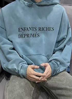 VicxxClothing出品ERD.忧郁富二代字母印花破洞做旧帽衫连帽卫衣