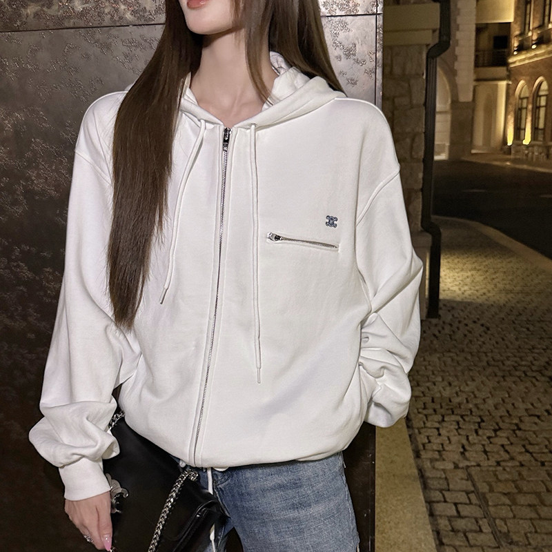 VicxxClothing出品女装新款凯旋门刺绣拉链口袋抽绳连帽卫衣外套