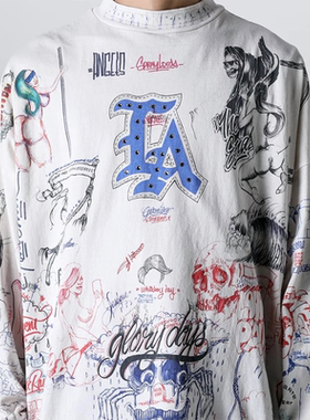 Saint Michael联名Born X Raised涂鸦字母水钻做旧破坏长袖T恤潮