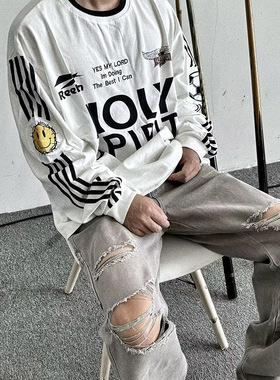 False Perception新款刺绣绣章复古宽松高街潮牌条纹足球长袖T恤