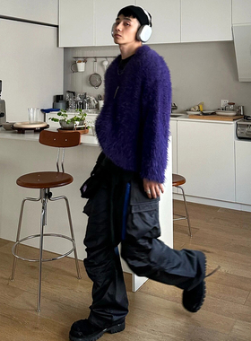 Far.Archive蓝拉链立体剪裁双袋伞兵工装裤宽松直筒抽绳束脚长裤