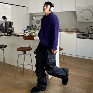 Far.Archive蓝拉链立体剪裁双袋伞兵工装裤宽松直筒抽绳束脚长裤