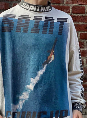Saint Michael飞机坠落美式潮牌小众宽松休闲复古做旧圆领长袖T恤