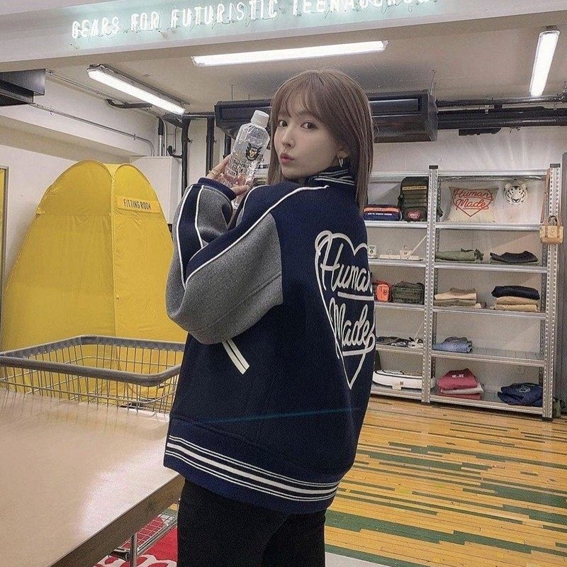 Vicxx出品 日潮毛呢鸭子爱心刺绣宽松夹棉棒球服夹克男女情侣外套