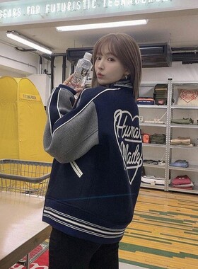 Vicxx出品 日潮毛呢鸭子爱心刺绣宽松夹棉棒球服夹克男女情侣外套