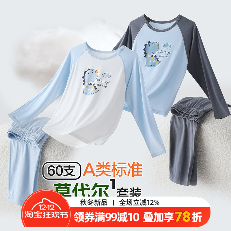 2025新款儿童家居服a类春夏季莫代尔长袖睡衣套装男童清凉空调服