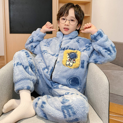 2025新款男童睡衣秋冬季珊瑚绒儿童男孩青少年中大童法兰绒家居服