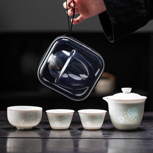 玲珑羊脂玉瓷旅行茶具户外露营快客杯一壶三杯手抓壶泡茶定制送礼