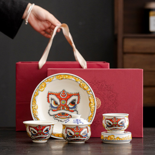 醒狮旋转漂移布袋盖碗茶杯礼盒装
