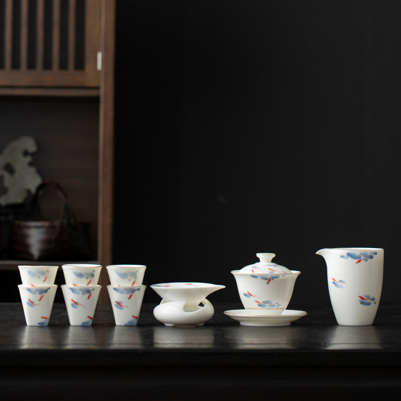 羊脂玉瓷手绘盖碗茶杯套装功夫茶具釉下彩陶瓷单个家用泡茶碗带盖,餐饮具,功夫茶具,淘宝优惠券,粉丝福利购,淘宝优惠卷