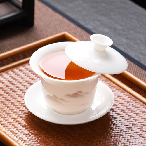 羊脂玉悬停旋转三才盖碗茶杯家用