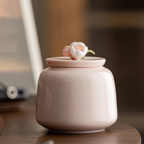 粉色手工捏花茶叶罐陶瓷密封罐