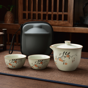 米黄汝窑快客杯旅行功夫茶具便携户外泡茶壶手抓壶开片陶瓷随手礼