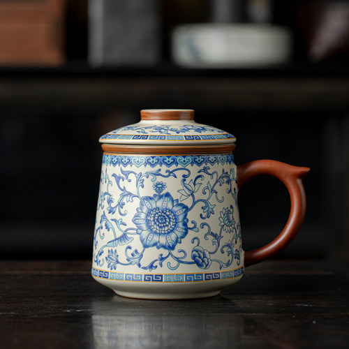 青花汝窑茶杯陶瓷茶水分离水杯