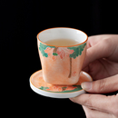 手绘满彩粉色主人杯女士高颜值茶杯带杯垫品茗杯釉下彩家用陶瓷杯