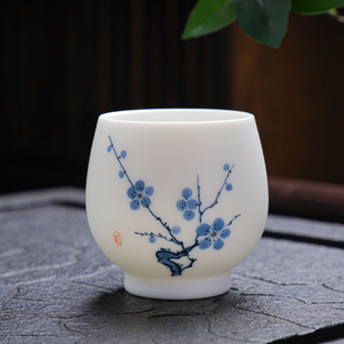 羊脂玉瓷素烧手绘梅花主人杯高端白瓷品茗杯个人专用单茶杯礼盒装