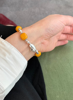 999足银平安锁蜜蜡银珠手链
