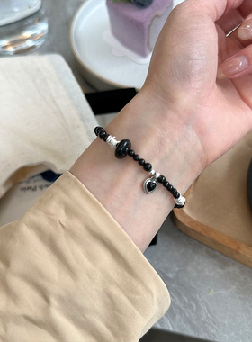 月光女神 925纯银黑玛瑙爱心银圈手链女手工穿制设计平安扣心形手