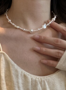 月光女神 天然贝母猫咪项链s925纯银施家珍珠手工锁骨链质感N1296