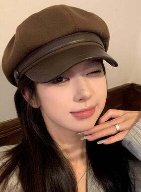 2025春秋美拉德穿搭帽子女高品质复古皮沿八角帽百搭显脸小报童帽