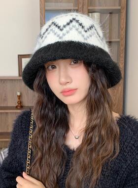 甜美百搭提花毛线帽子女秋冬天防寒时尚休闲保暖盆帽显脸小水桶帽