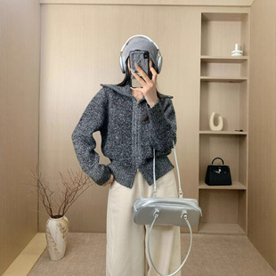 100%绵羊毛欧货高级感双拉链毛衣外套简约加厚翻领针织羊毛开衫女