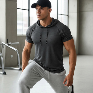 透气户外跑步gym训练服上衣 男连帽运动T恤夏季 MCPW 速干健身短袖