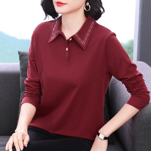 纯棉长袖t恤女 2026春秋新款外穿体恤中老年妈妈装翻领上衣打底衫