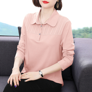 t恤女 新款 纯棉长袖 2025春装 秋衣外穿中老年妈妈装 翻领上衣打底衫