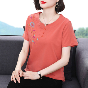 妈妈短袖t恤女 夏装洋气体恤纯棉半袖外穿小衫中老年百搭遮肚上衣
