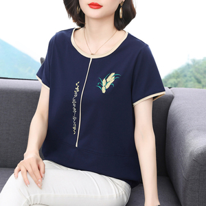 妈妈夏装短袖t恤女 宽松2024新款减龄体恤小衫中老年半袖纯棉上衣
