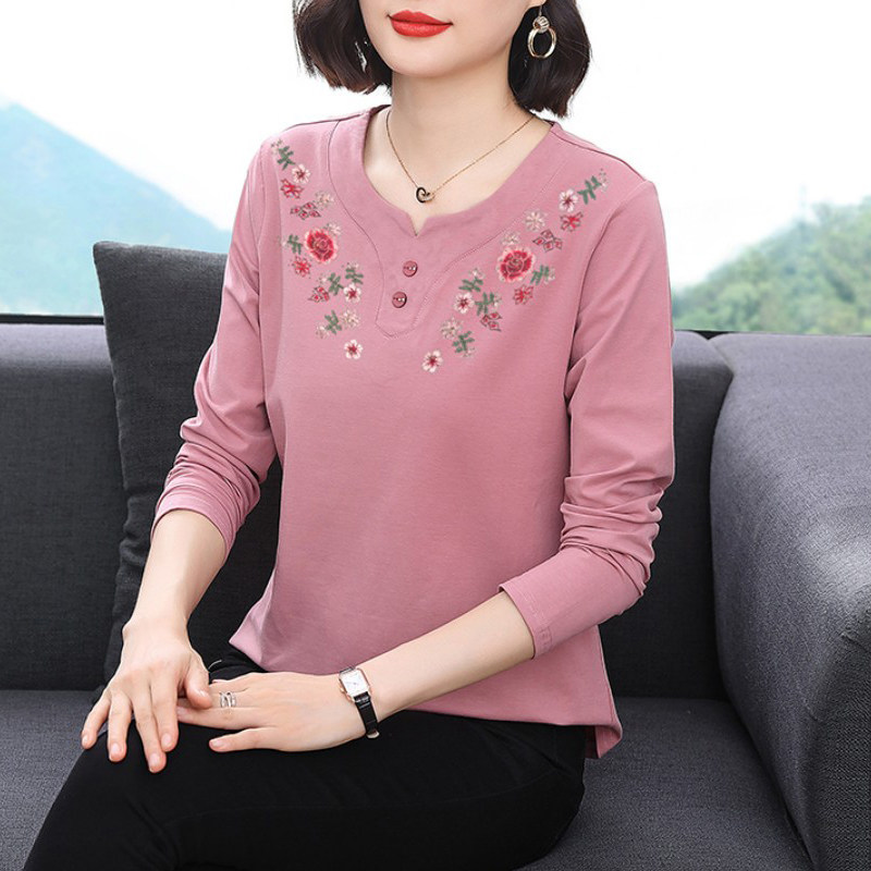 纯棉长袖t恤女 2026早春新款洋气上衣外穿中老年妈妈装减龄打底衫 - 韩依舍专柜出品