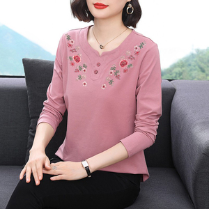 纯棉长袖t恤女 2026早春新款洋气上衣外穿中老年妈妈装减龄打底衫