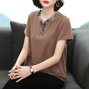 妈妈短袖t恤女V领中老年半袖衫2023夏季新款大码宽松纯棉休闲上衣