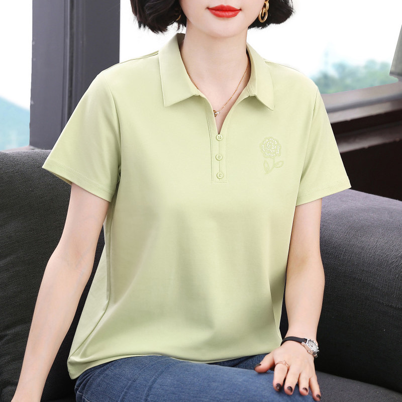 妈妈短袖t恤女 新款2026夏装减龄纯棉衣服半袖体恤中老年翻领上衣