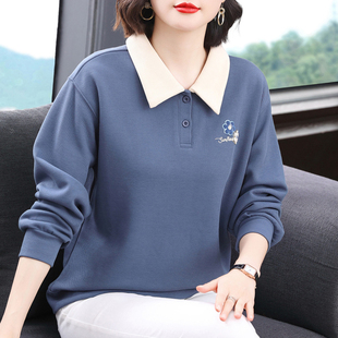 妈妈装 中老年减龄POLO领上衣 休闲卫衣女宽松百搭秋衣外穿2026新款