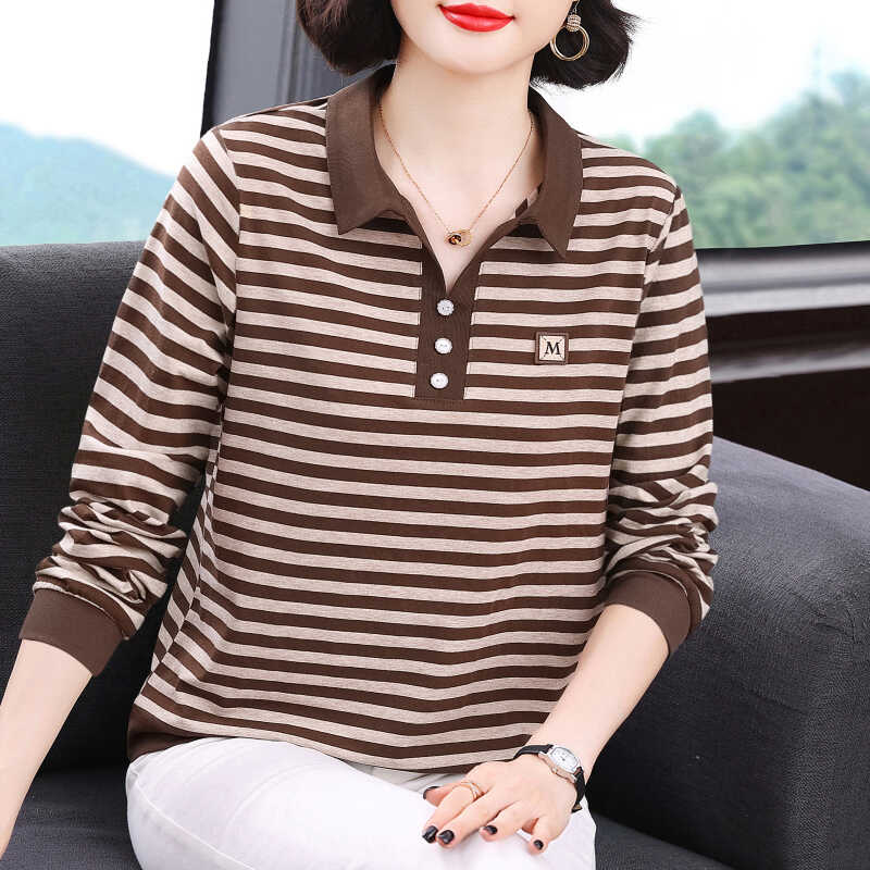 条纹长袖t恤女 2025春装新款秋衣纯棉上衣中老年人妈妈翻领打底衫