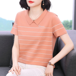 纯棉百搭小衫 条纹短袖 2025夏装 t恤女 中老年妈妈减龄翻领上衣 新款