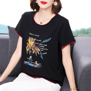 妈妈纯棉短袖t恤女 宽松0022夏装半袖大码休闲中老年洋气遮肚上衣