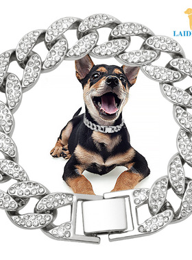 15mm宽宠物项链镶钻项圈HIPHOP全钻古巴镶钻金色项链猫狗生日礼物