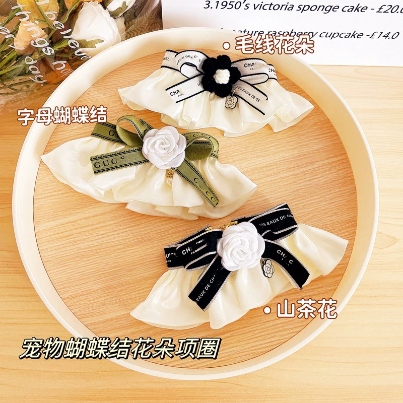 跨境出口宠物小香风山茶花围脖猫咪狗狗字母丝带花朵项圈口水