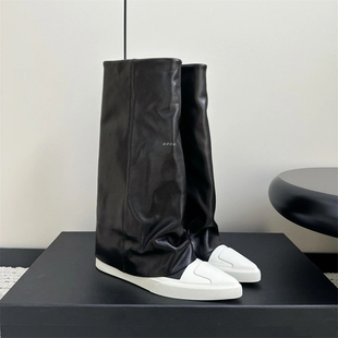 2026春夏小众尖头设计平底裤 靴显瘦拼色辣妹长筒靴 管靴小牛皮时装