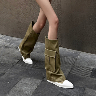 长筒靴 管靴2026春夏帆布大口袋工装 陈乔恩同款 小众设计尖头平底裤